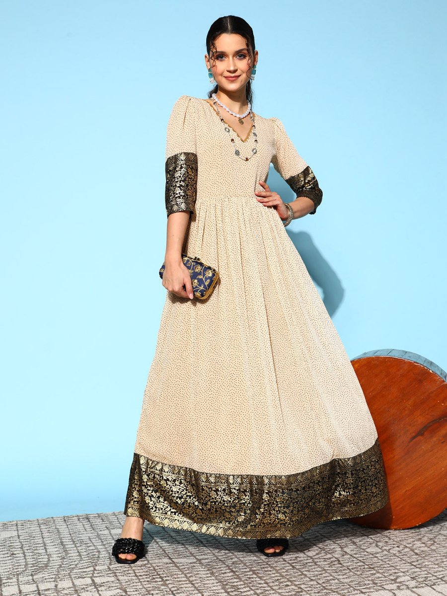 Ahalyaa Women Cream-coloured & Bronze Printed Gotta Patti Chiffon Ethnic Dress - Distacart