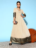 Thumbnail for Ahalyaa Women Cream-coloured & Bronze Printed Gotta Patti Chiffon Ethnic Dress - Distacart