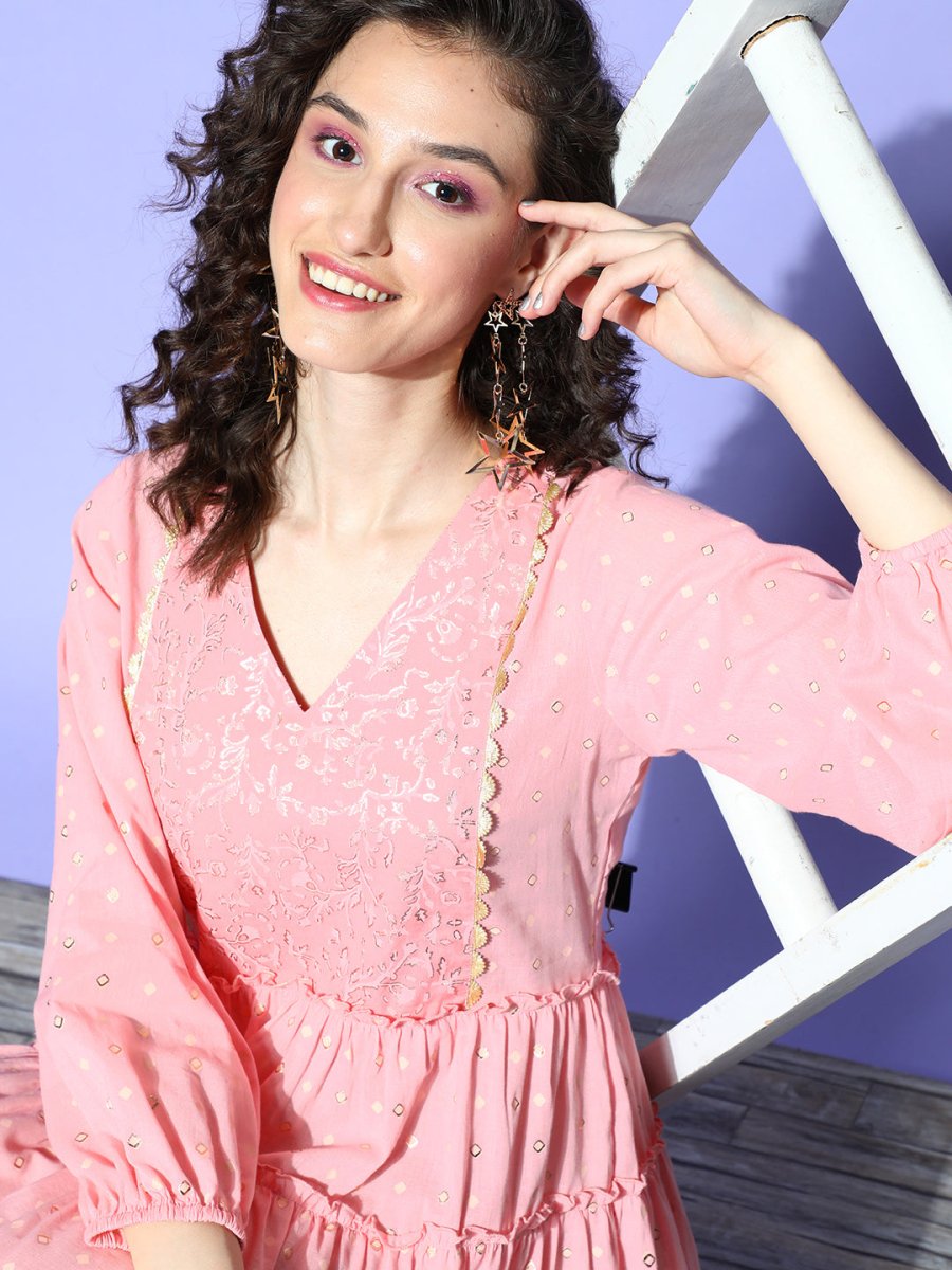 Ahalyaa Pink & Beige Geometric Print Puff Sleeves Ethnic Dress - Distacart