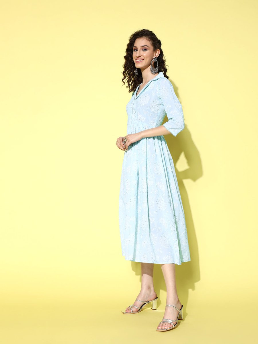 Ahalyaa Sea Green Floral Print Midi Ethnic Dress - Distacart