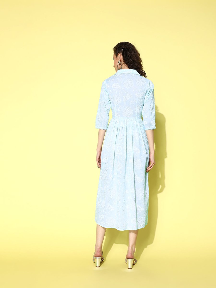 Ahalyaa Sea Green Floral Print Midi Ethnic Dress - Distacart