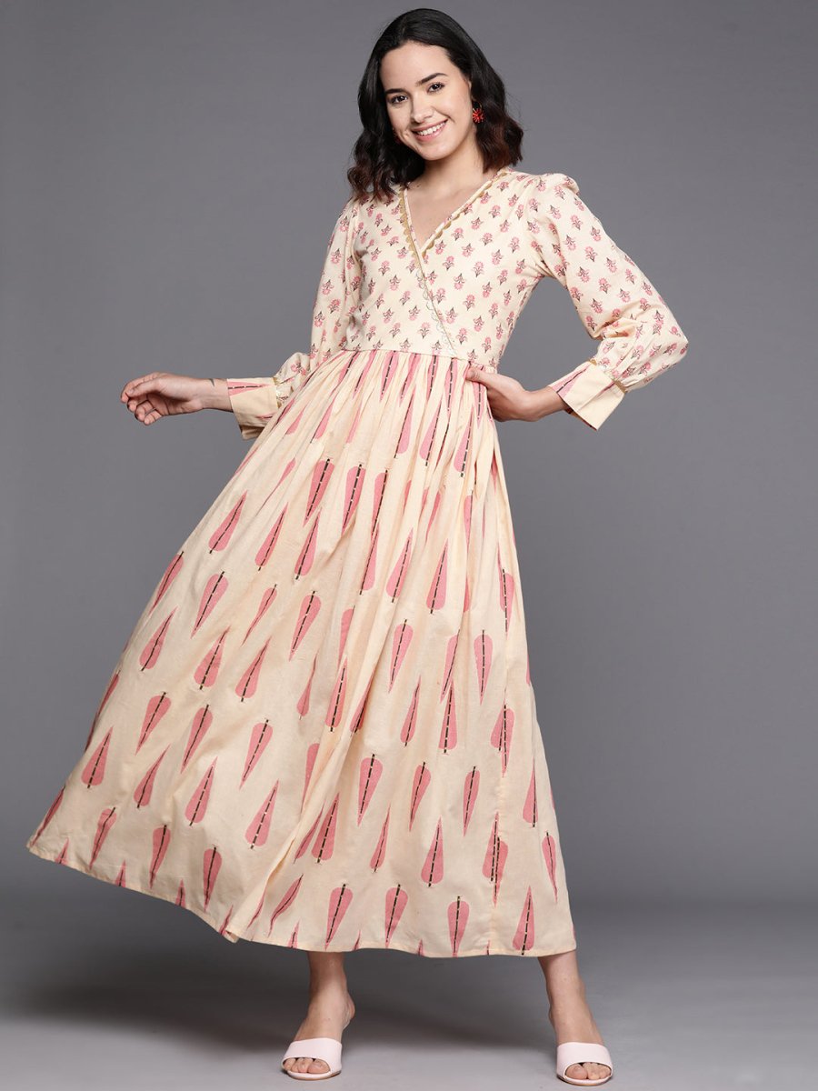 Ahalyaa Floral Print Puff Sleeves Maxi Ethnic Dress - Distacart