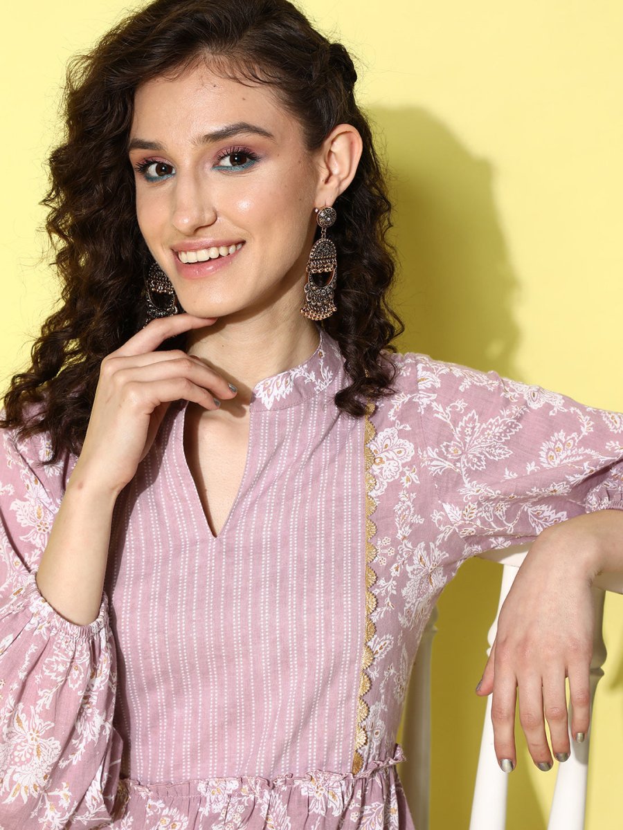 Ahalyaa Mauve & White Floral Print Puff Sleeves Ethnic Dress - Distacart