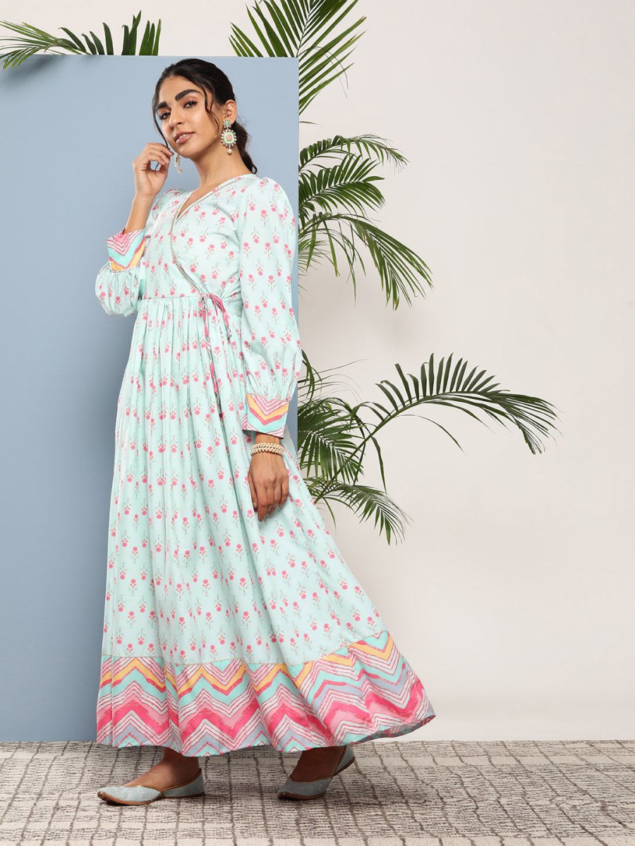 Ahalyaa Women Printed Tie-Ups Maxi Ethnic Dress - Distacart