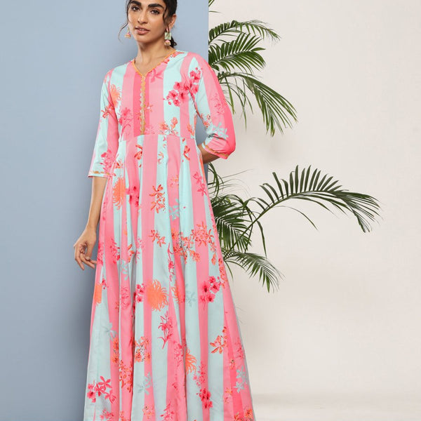 Ahalyaa Women Printed Layered Maxi Ethnic Dress - Distacart