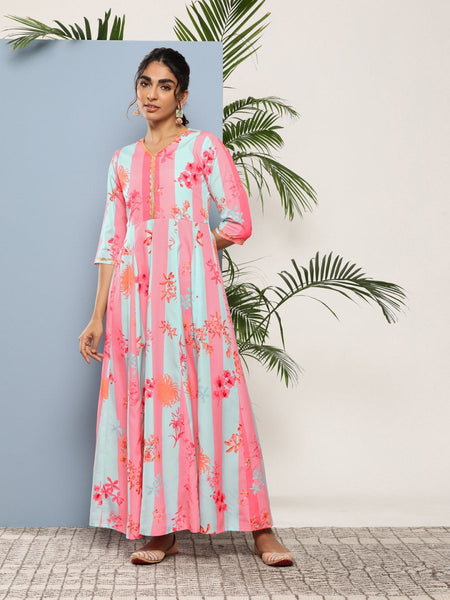Ahalyaa Women Printed Layered Maxi Ethnic Dress - Distacart