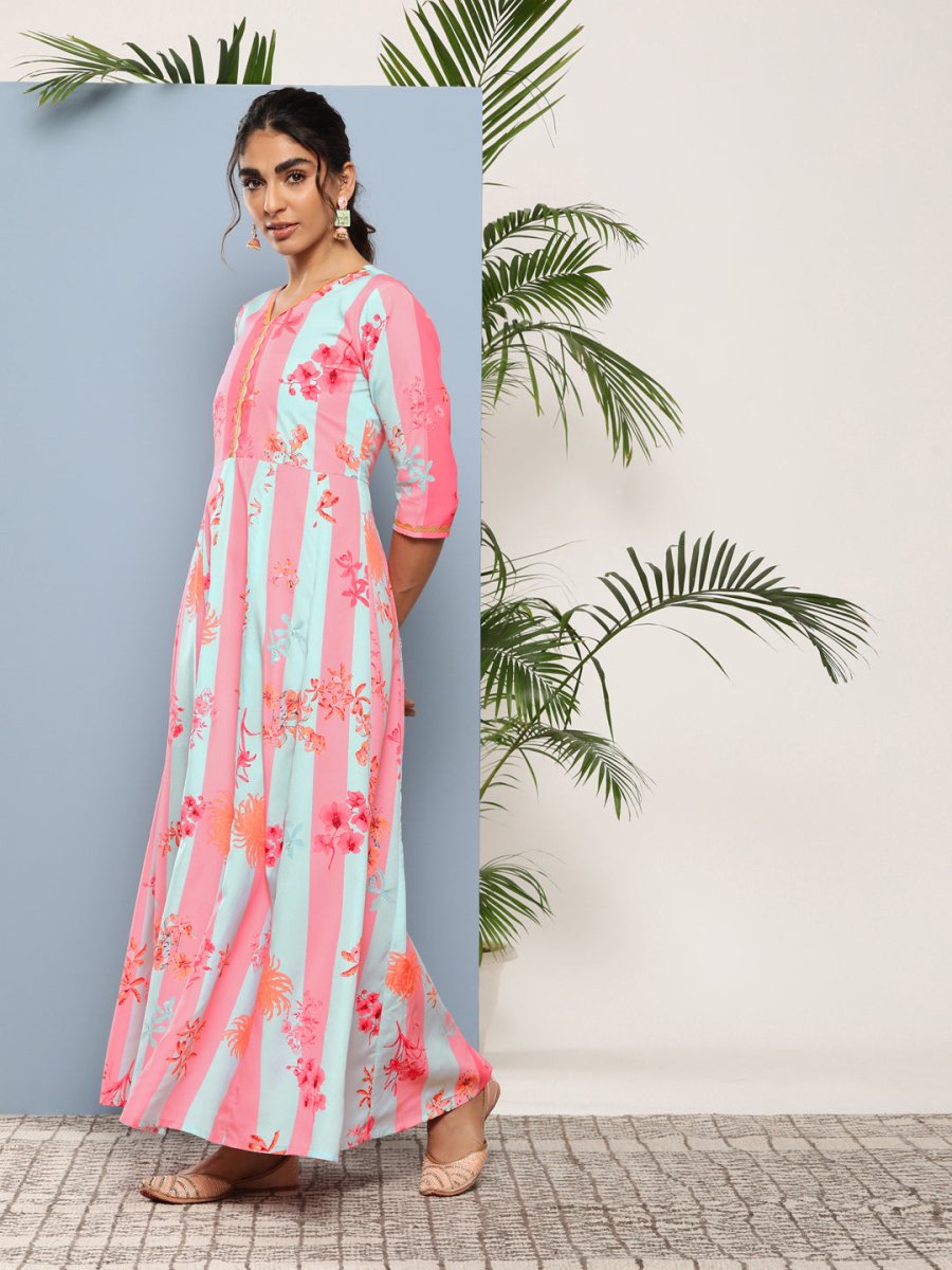 Ahalyaa Women Printed Layered Maxi Ethnic Dress - Distacart