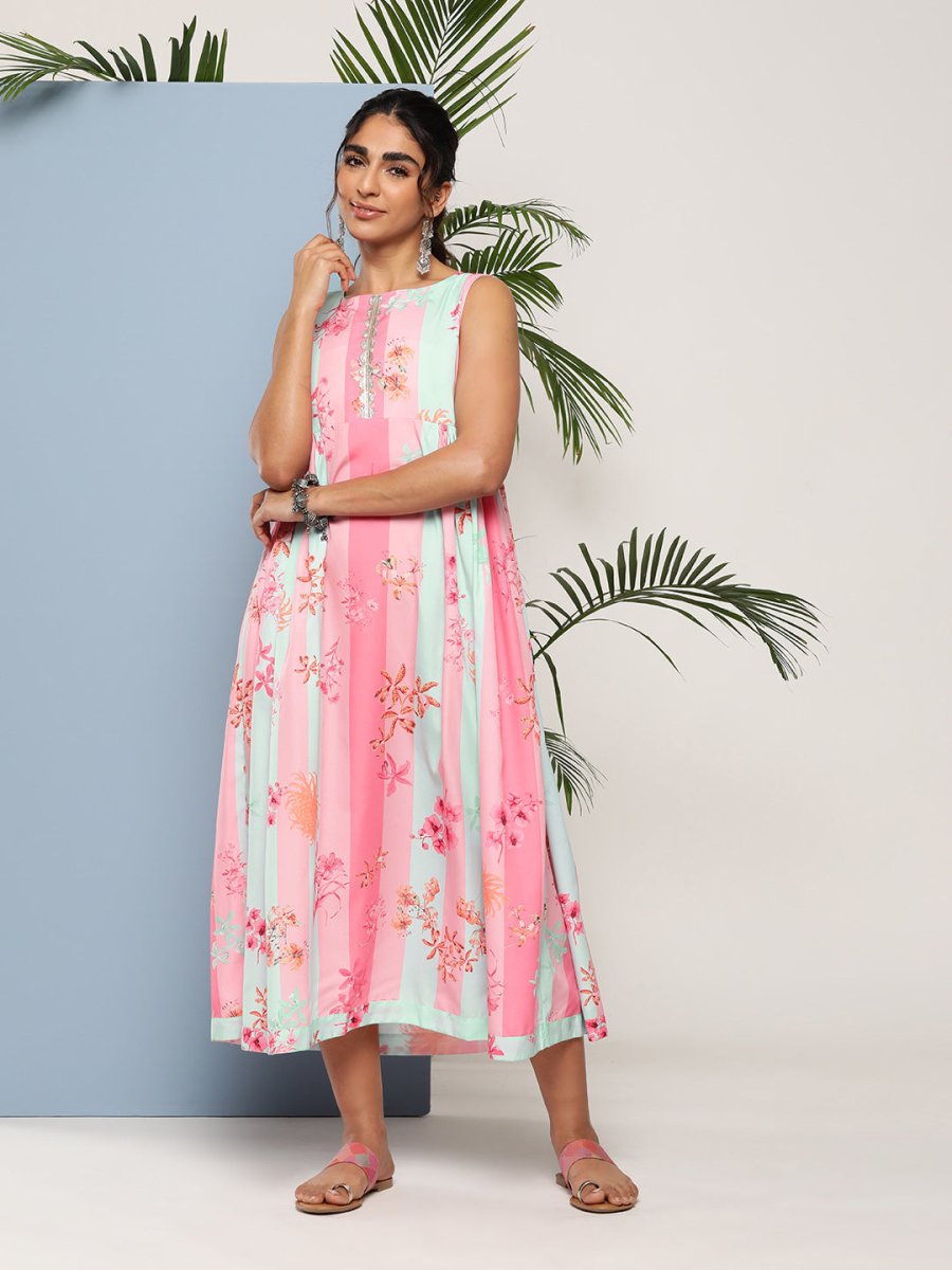 Ahalyaa Women Floral Printed Empire Midi Ethnic Dress - Distacart