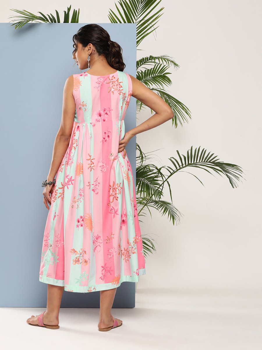 Ahalyaa Women Floral Printed Empire Midi Ethnic Dress - Distacart