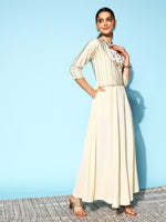 Thumbnail for Ahalyaa Women Striped Crepe Maxi Ethnic Dress With Gotta Patti Detail - Distacart
