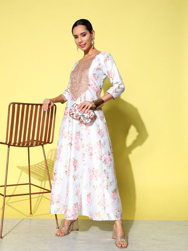 Ahalyaa Embroidered Floral Printed Ethnic A-Line Maxi Dress - Distacart