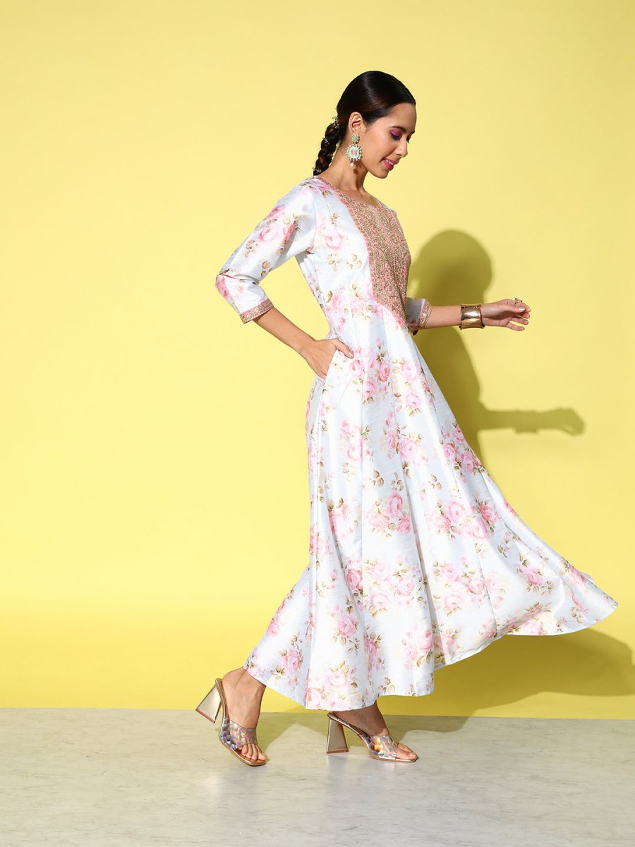Ahalyaa Embroidered Floral Printed Ethnic A-Line Maxi Dress - Distacart