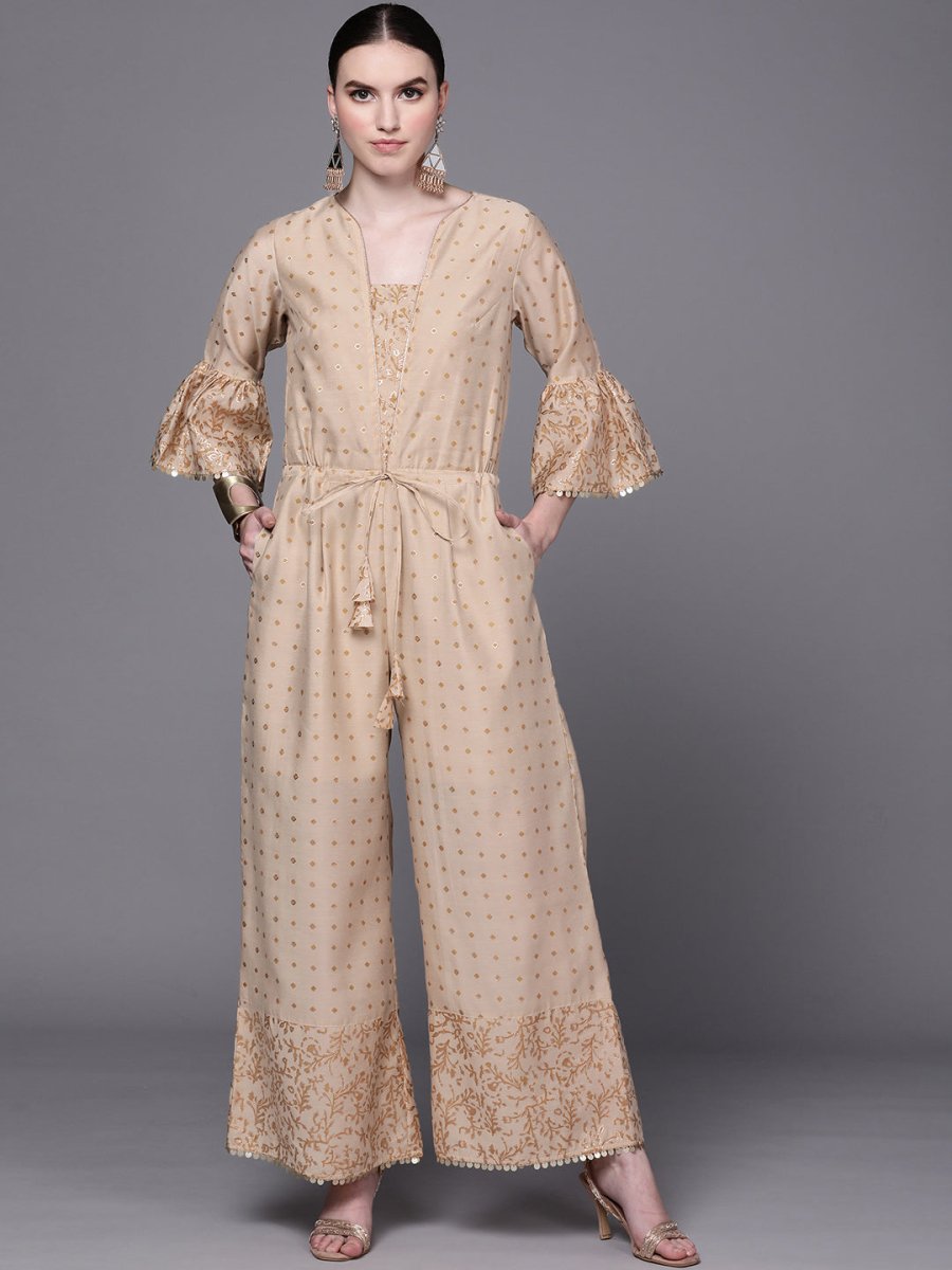 Ahalyaa Beige & Golden Printed Basic Jumpsuit - Distacart