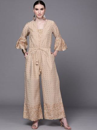 Ahalyaa Beige & Golden Printed Basic Jumpsuit - Distacart