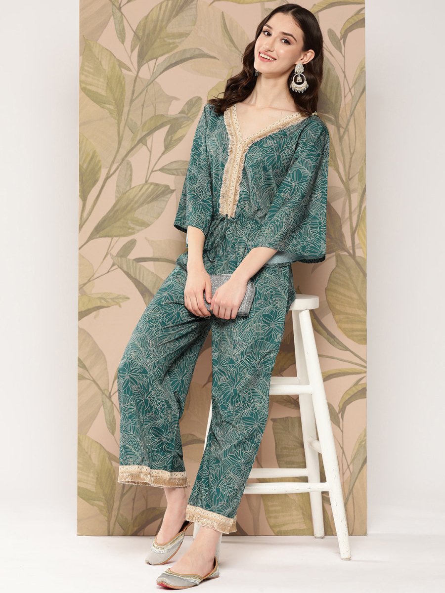 Ahalyaa Printed Basic Jumpsuit with Lace Inserts - Distacart
