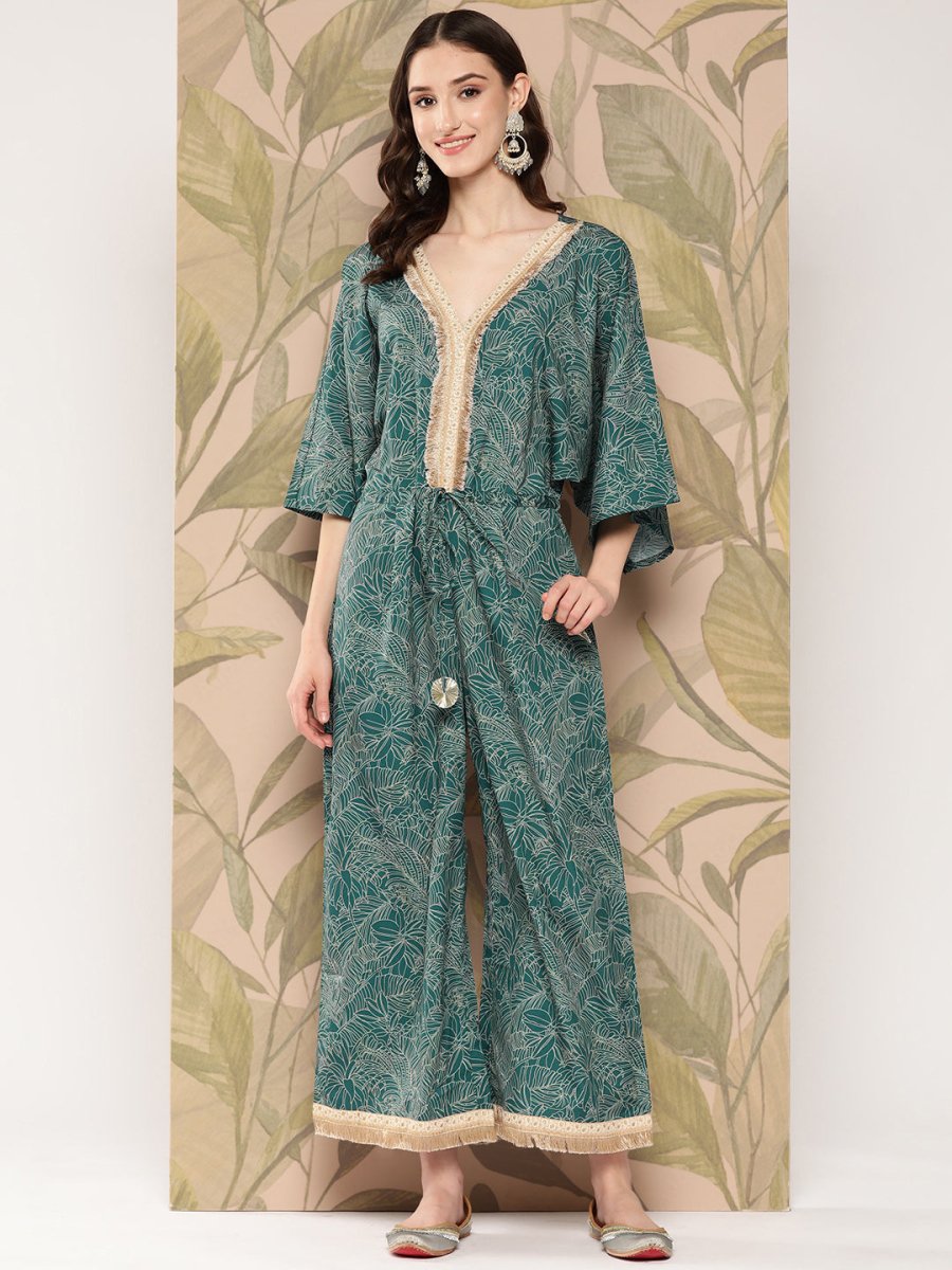 Ahalyaa Printed Basic Jumpsuit with Lace Inserts - Distacart
