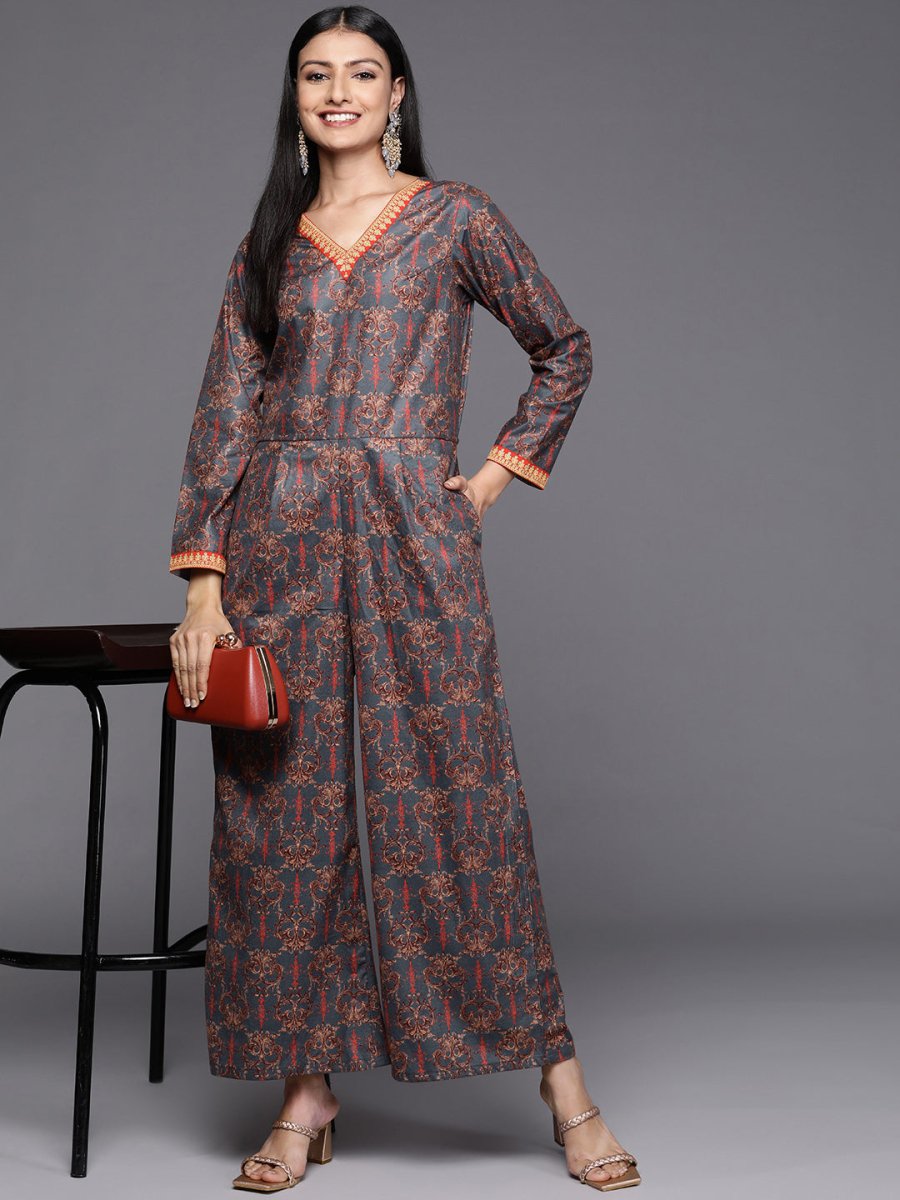 Ahalyaa Grey & Brown Velvet Printed Basic Jumpsuit with Pocket - Distacart