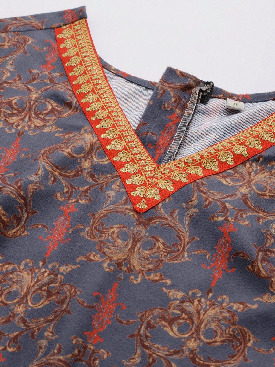 Ahalyaa Grey & Brown Velvet Printed Basic Jumpsuit with Pocket - Distacart