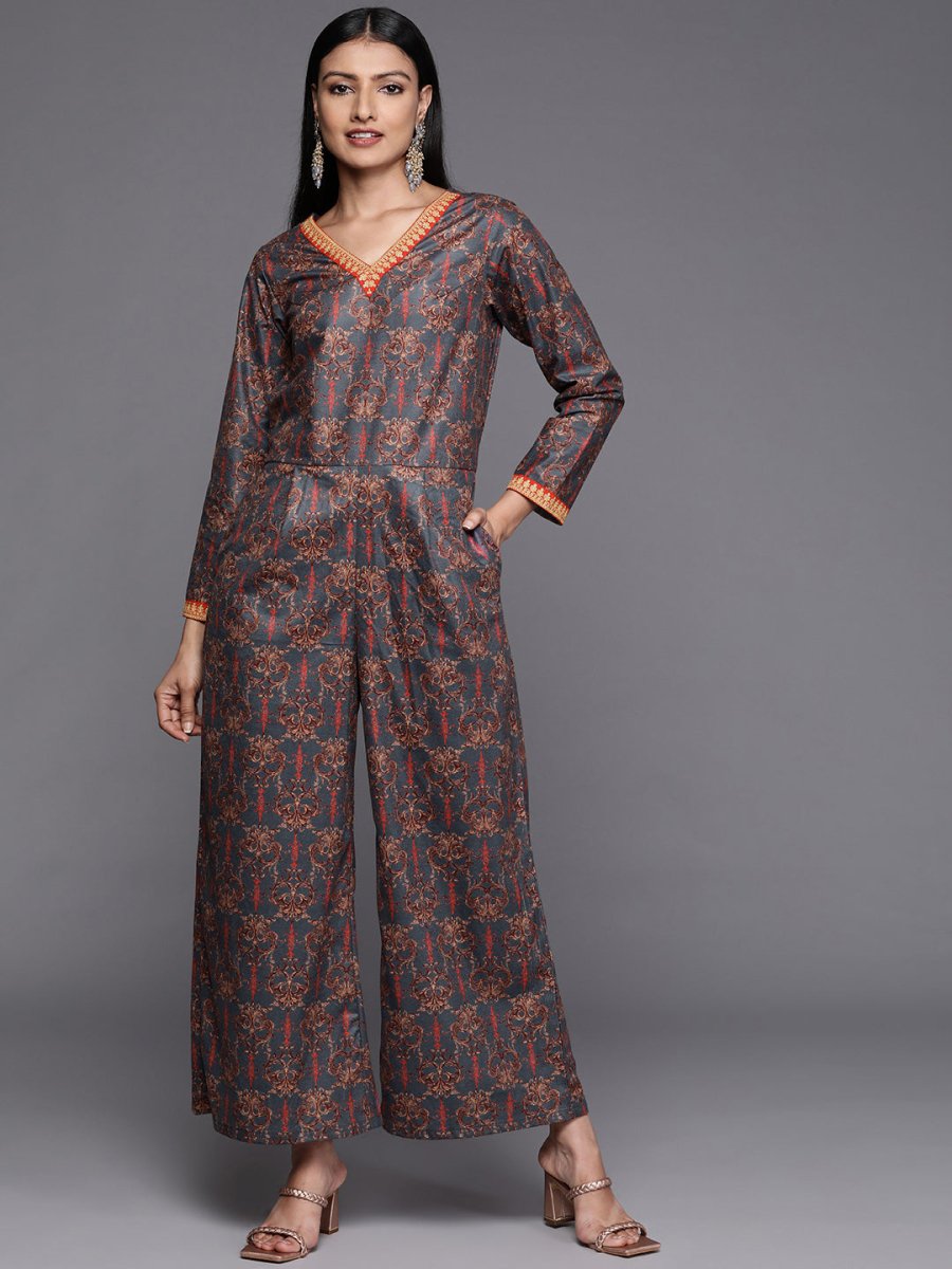 Ahalyaa Grey & Brown Velvet Printed Basic Jumpsuit with Pocket - Distacart