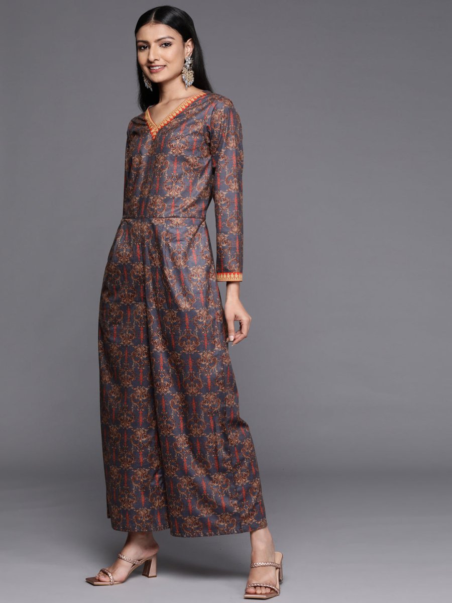 Ahalyaa Grey & Brown Velvet Printed Basic Jumpsuit with Pocket - Distacart