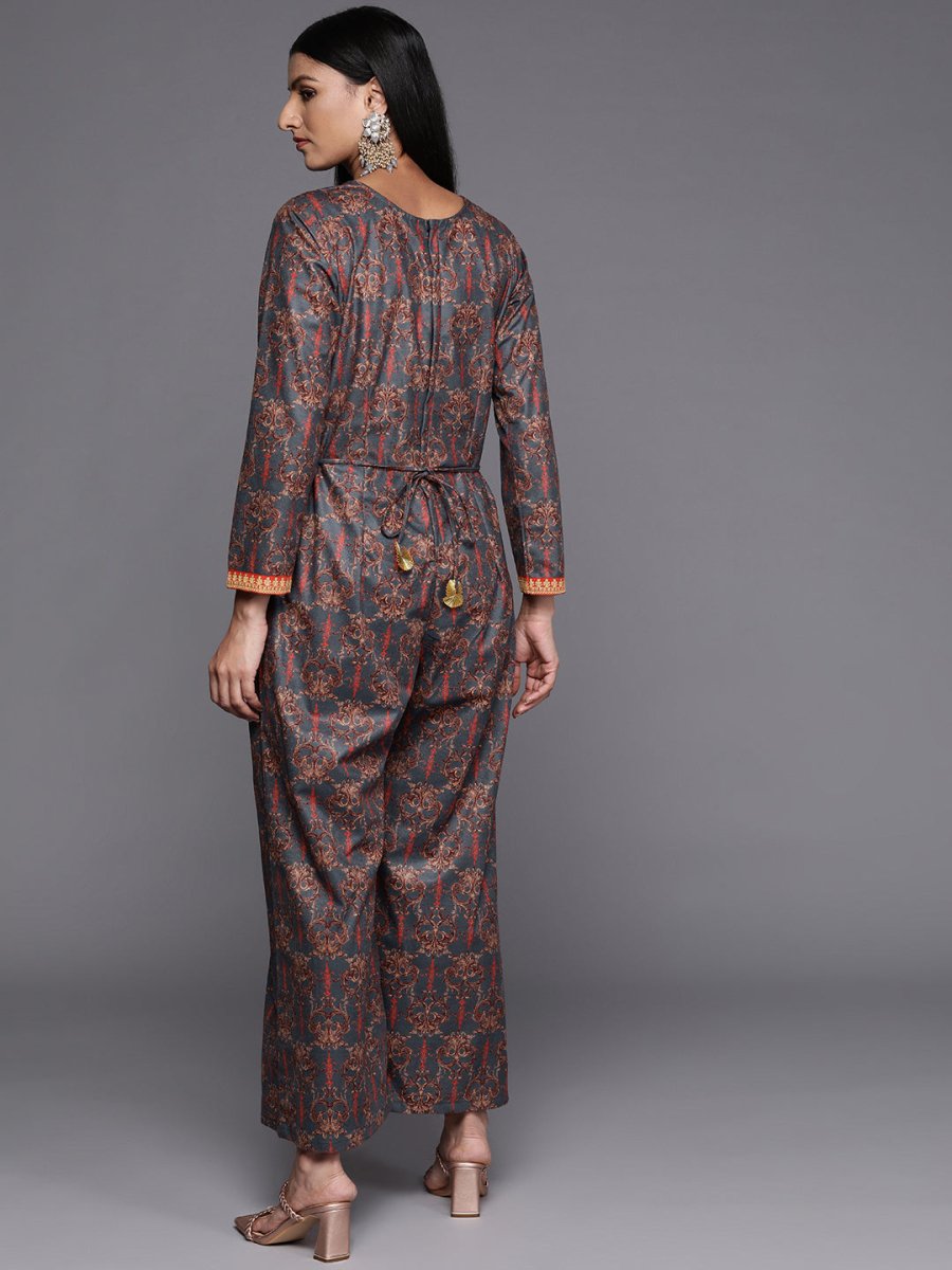 Ahalyaa Grey & Brown Velvet Printed Basic Jumpsuit with Pocket - Distacart