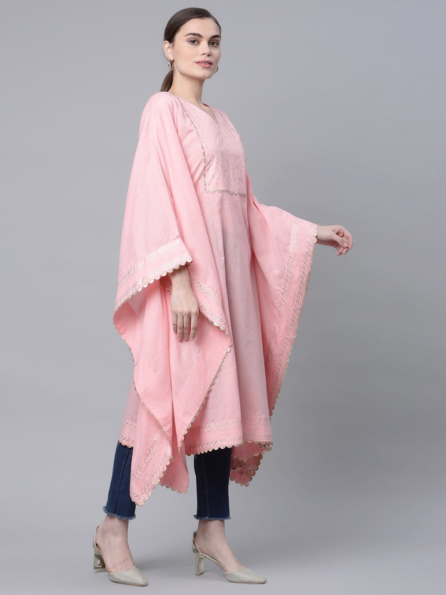 Ahalyaa Women Light Pink Pure Cotton Printed Flared Sleeve Kaftan Kurta