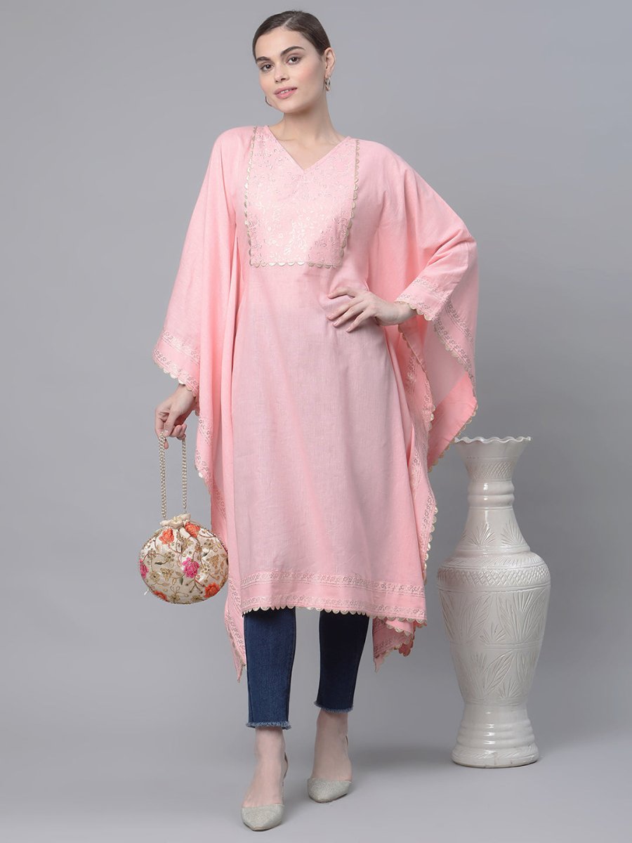 Ahalyaa Women Light Pink Pure Cotton Printed Flared Sleeve Kaftan Kurta