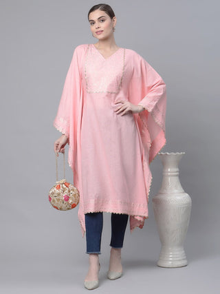 Ahalyaa Women Light Pink Pure Cotton Printed Flared Sleeve Kaftan Kurta