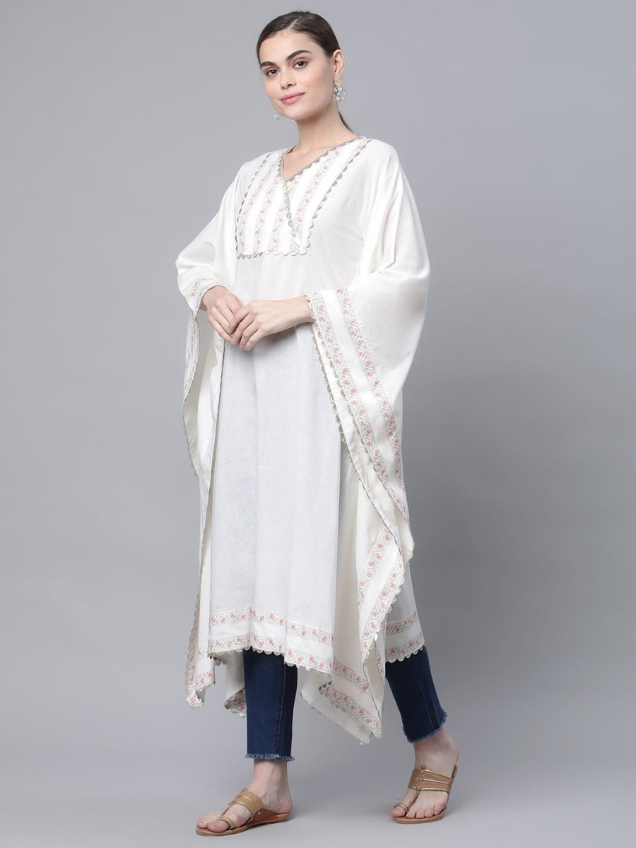 Ahalyaa Women Off white Pure Cotton Printed Flared Sleeve Kaftan Kurta