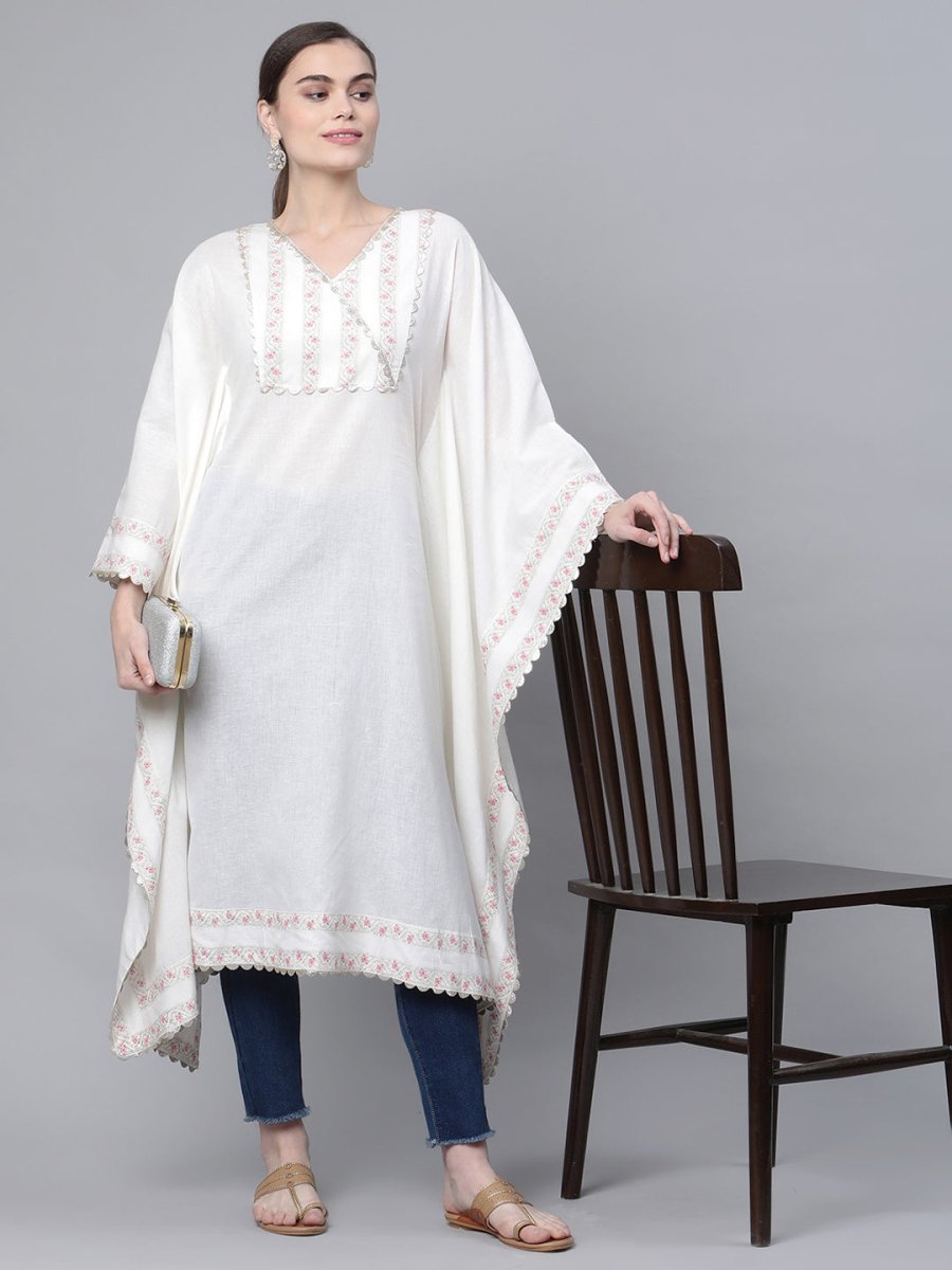 Ahalyaa Women Off white Pure Cotton Printed Flared Sleeve Kaftan Kurta