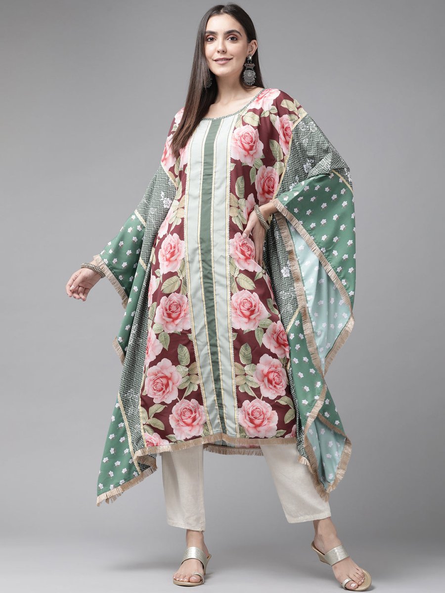 Ahalyaa Women Green & Pink Floral Printed Flared Sleeves Gotta Patti Floral Crepe Kaftan Kurta - Distacart