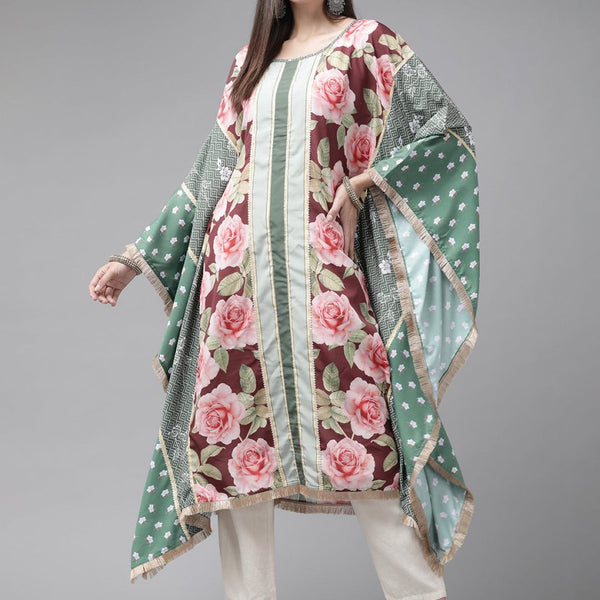 Ahalyaa Women Green & Pink Floral Printed Flared Sleeves Gotta Patti Floral Crepe Kaftan Kurta - Distacart