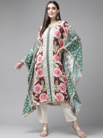 Thumbnail for Ahalyaa Women Green & Pink Floral Printed Flared Sleeves Gotta Patti Floral Crepe Kaftan Kurta - Distacart