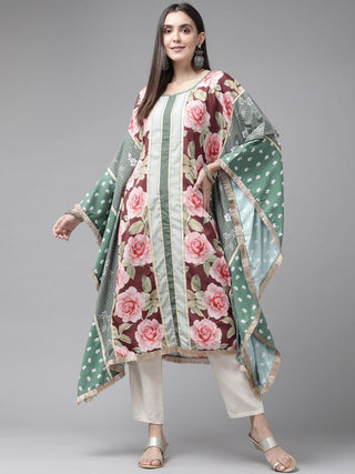 Ahalyaa Women Green & Pink Floral Printed Flared Sleeves Gotta Patti Floral Crepe Kaftan Kurta - Distacart