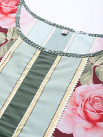 Thumbnail for Ahalyaa Women Green & Pink Floral Printed Flared Sleeves Gotta Patti Floral Crepe Kaftan Kurta - Distacart