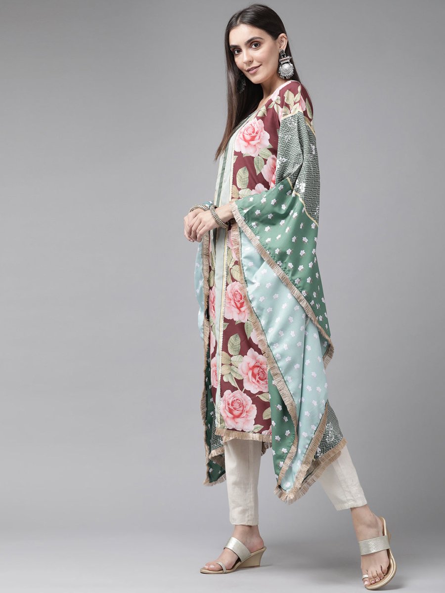 Ahalyaa Women Green & Pink Floral Printed Flared Sleeves Gotta Patti Floral Crepe Kaftan Kurta - Distacart