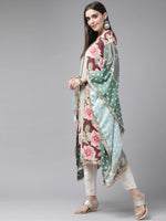 Thumbnail for Ahalyaa Women Green & Pink Floral Printed Flared Sleeves Gotta Patti Floral Crepe Kaftan Kurta - Distacart