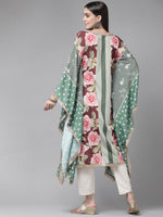 Thumbnail for Ahalyaa Women Green & Pink Floral Printed Flared Sleeves Gotta Patti Floral Crepe Kaftan Kurta - Distacart