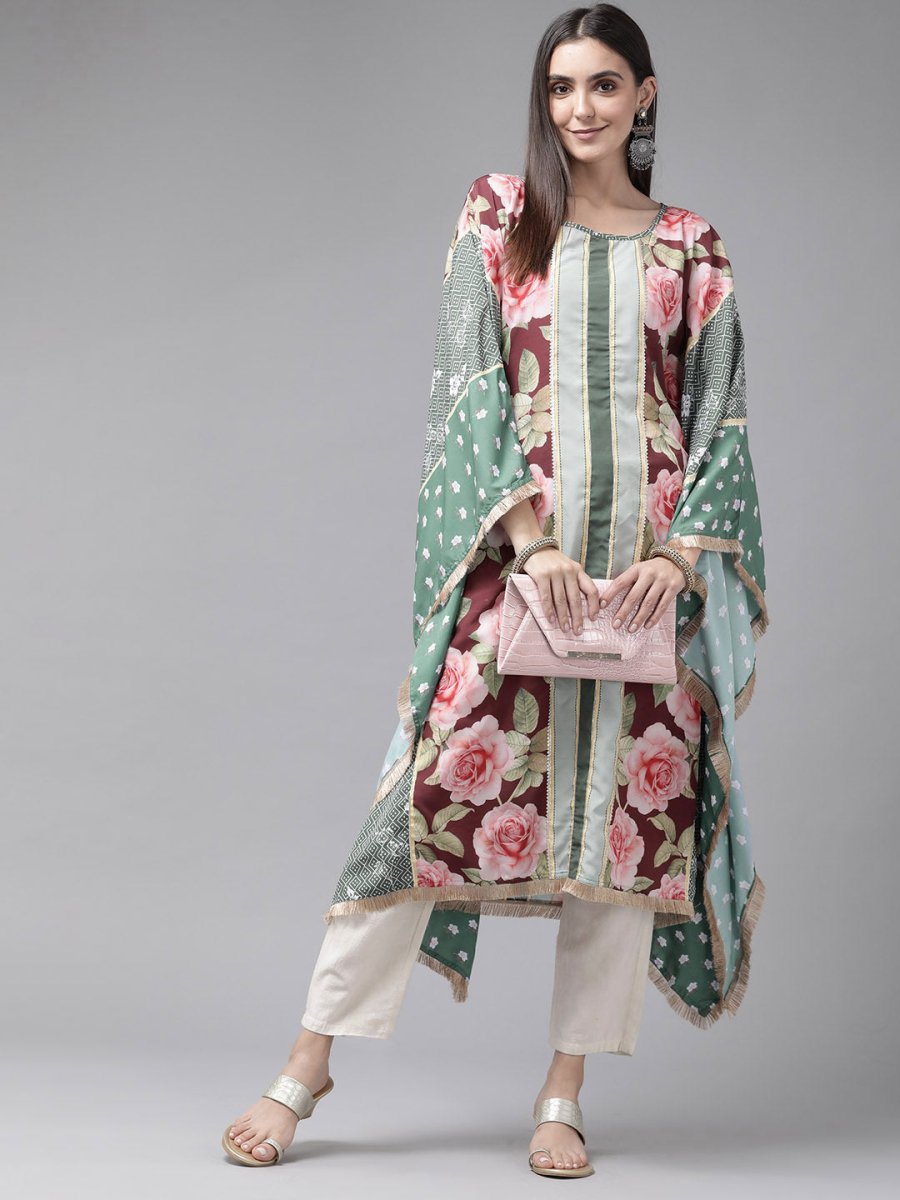 Ahalyaa Women Green & Pink Floral Printed Flared Sleeves Gotta Patti Floral Crepe Kaftan Kurta - Distacart