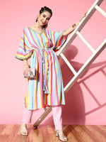 Thumbnail for Ahalyaa Women Striped Flared Sleeves Crepe Kaftan Kurta - Distacart