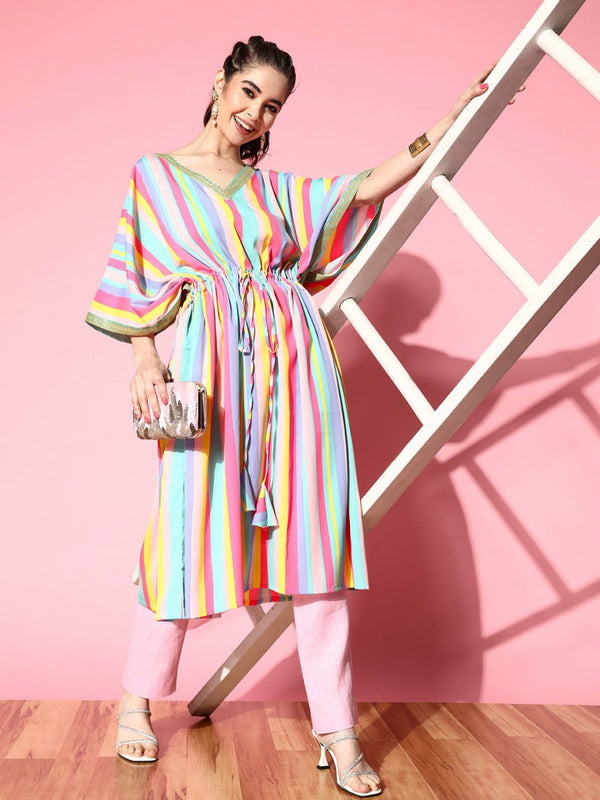 Ahalyaa Women Striped Flared Sleeves Crepe Kaftan Kurta - Distacart