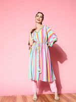 Thumbnail for Ahalyaa Women Striped Flared Sleeves Crepe Kaftan Kurta - Distacart