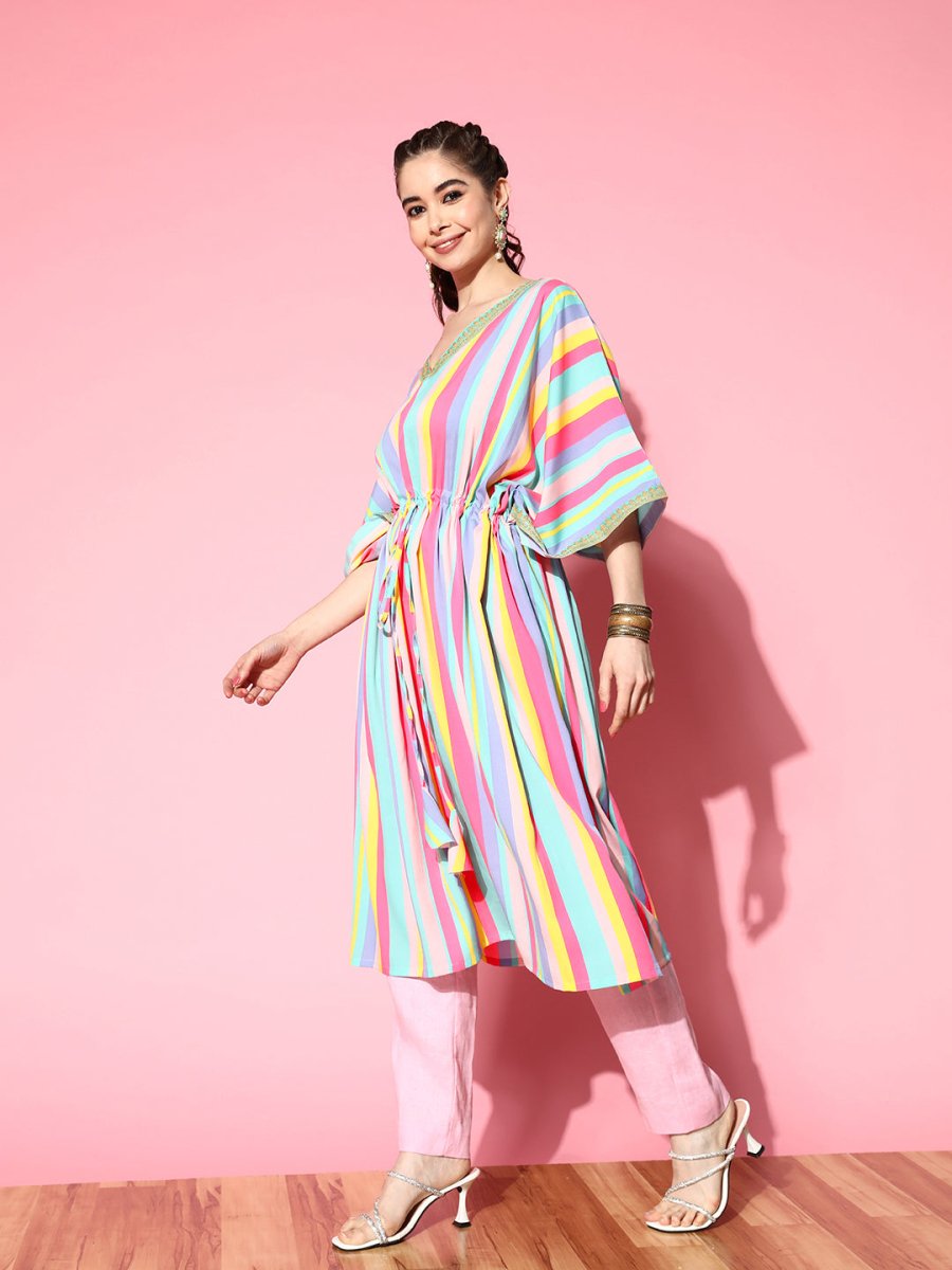 Ahalyaa Women Striped Flared Sleeves Crepe Kaftan Kurta - Distacart