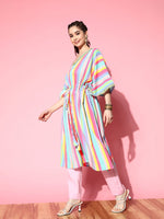 Thumbnail for Ahalyaa Women Striped Flared Sleeves Crepe Kaftan Kurta - Distacart