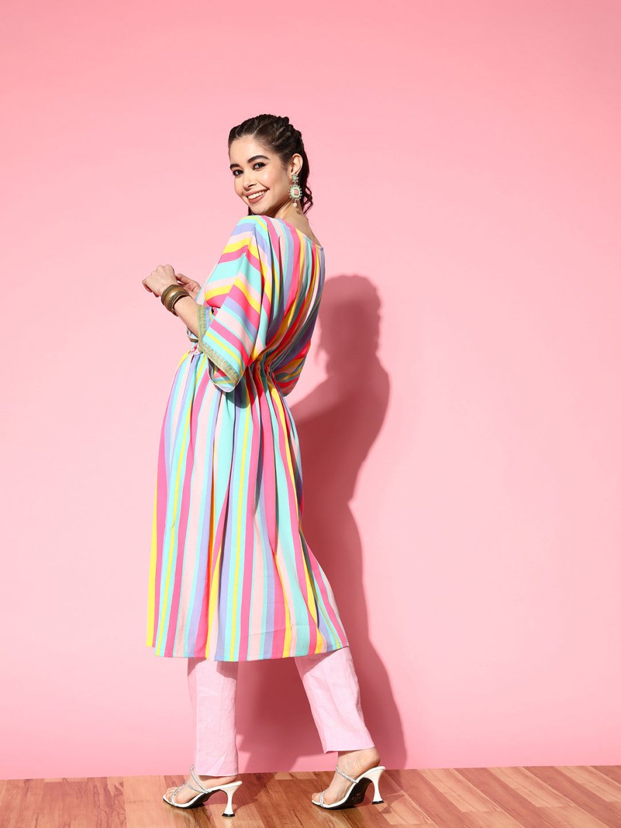 Ahalyaa Women Striped Flared Sleeves Crepe Kaftan Kurta - Distacart