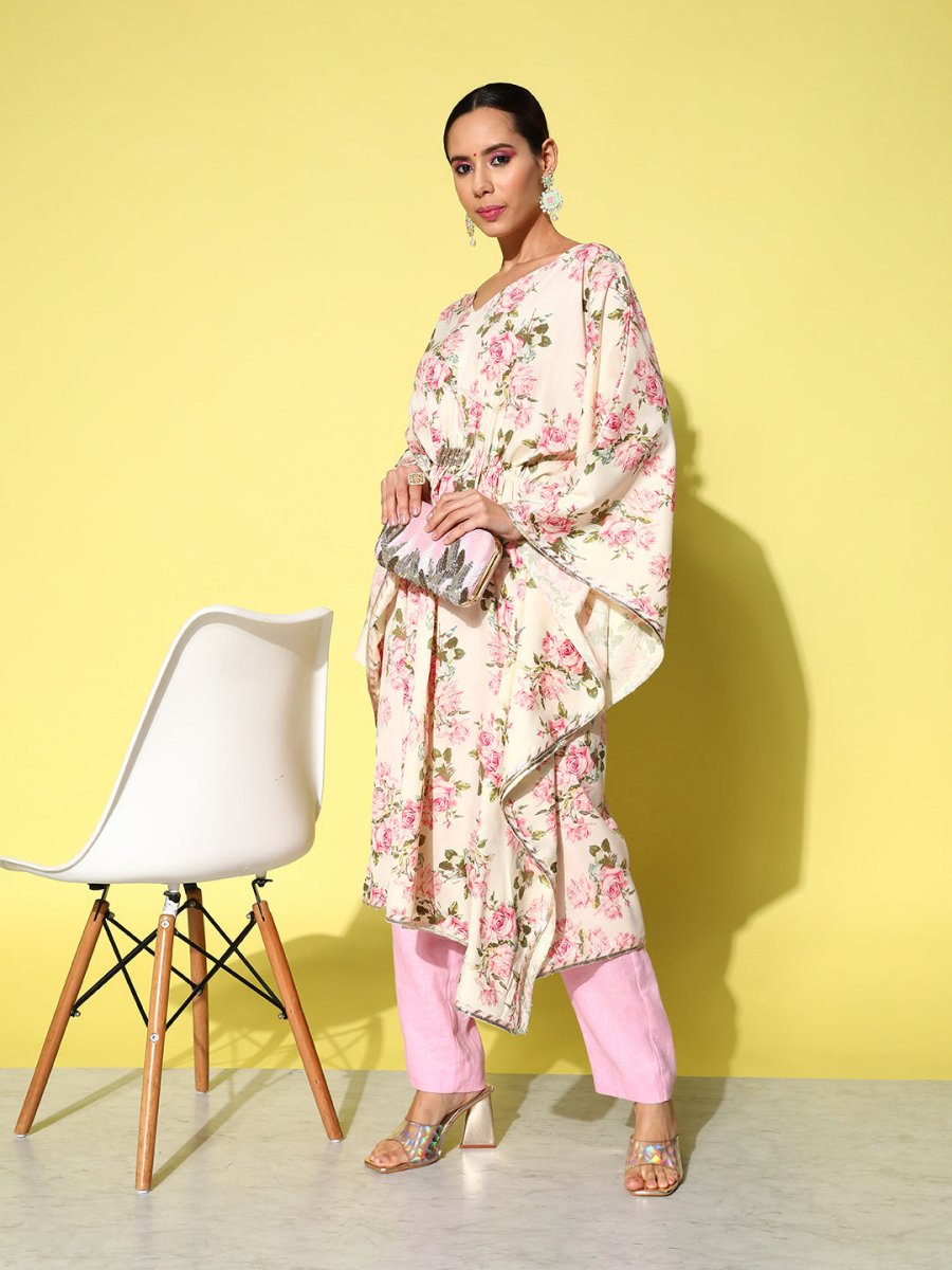 Ahalyaa Women Floral Printed Flared Sleeves Gotta Patti Floral Crepe Kaftan Kurta - Distacart