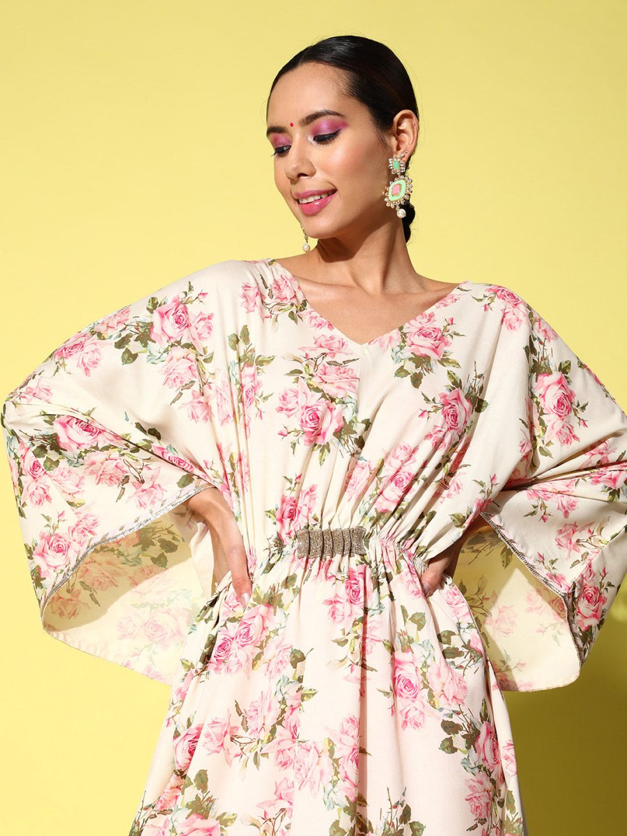 Ahalyaa Women Floral Printed Flared Sleeves Gotta Patti Floral Crepe Kaftan Kurta - Distacart