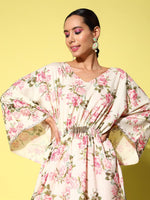 Thumbnail for Ahalyaa Women Floral Printed Flared Sleeves Gotta Patti Floral Crepe Kaftan Kurta - Distacart
