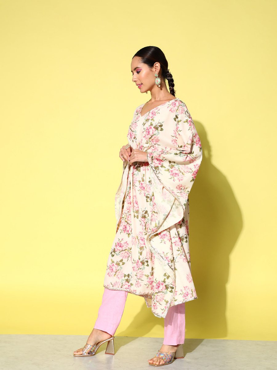 Ahalyaa Women Floral Printed Flared Sleeves Gotta Patti Floral Crepe Kaftan Kurta - Distacart