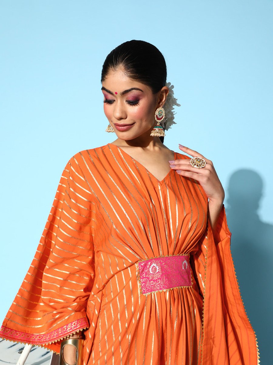 Ahalyaa Women Orange & Gold-Toned Striped Flared Sleeves Gotta Patti Crepe Kaftan Kurta - Distacart